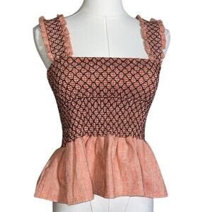 Line and Dot Linen short ruffle sleeve cropped smocked top SZ XS